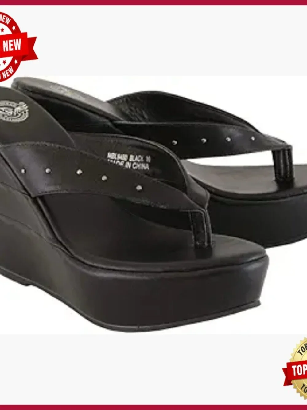 Women's Black Wedge Casual Sandals with Studded Straps